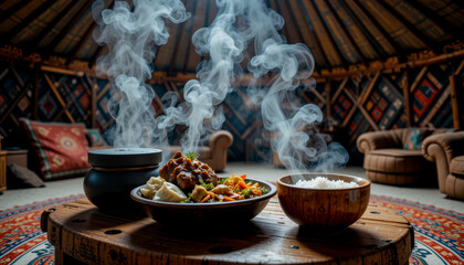 A hearty stew, fluffy rice, and dumplings steam invitingly within a traditional yurt.  Warm lighting and rich textures create a cozy, nomadic dining scene.