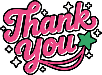 Pink thank you lettering with sparkles and doodles in rounded style for vibrant feminine thank you label  