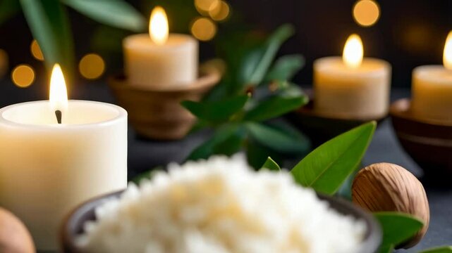 Still life with shea butter in a dark bowl, lit candles, and walnuts set against a blurred backdrop creating a peaceful and elegant scene