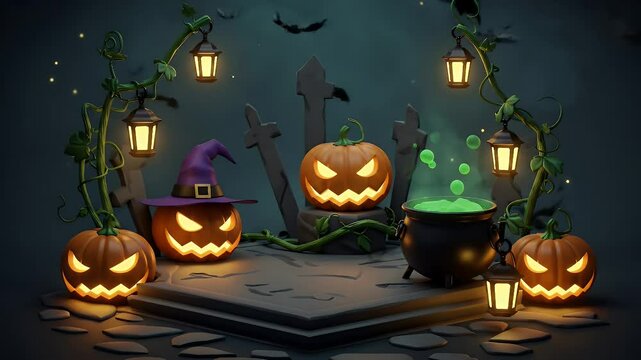 Spooky Halloween Scene with Jack-o'-lanterns and Cauldron