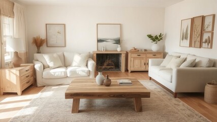 Interior view of a bright living room with white sofas and wooden furniture in a cozy home setting
