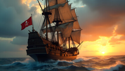 Obraz premium A pirate ship sails under a dramatic sunset with a waving Jolly Roger flag. 