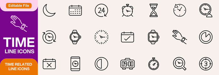 Time Line Editable Icons set. Vector illustration in modern thin line style of clock related icons: timer, stopwatch, alarm, and more. Isolated on transparent background.