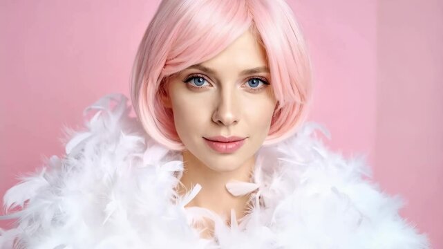 Attractive woman with pink bob wig and white feather boa against pastel pink background, beauty and elegance concept