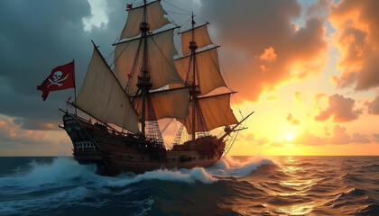 Obraz premium A pirate ship sails under a dramatic sunset with a waving Jolly Roger flag. 