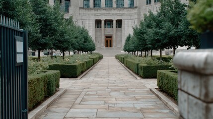 A large white building is framed by hedges and trees, visible through an iron gate on a clear, sunny day