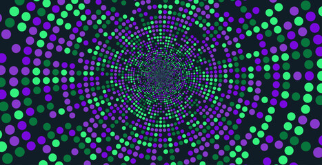 Abstract vortex background composed of colorful dots in a spiral motion.
