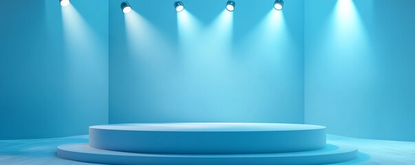 Minimalistic stage setup with spotlights on blue background, clean and modern design 3D Rendering
