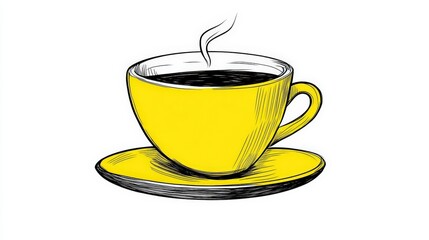 Obraz premium Bright Yellow Coffee Cup with Steaming Hot Beverage on Saucer
