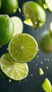 Fresh limes falling freely through the air, ideal for food and drink related concepts