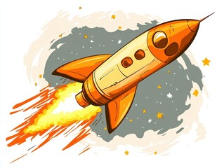 Colorful Retro Rocket Launching Through a Starry Space Background