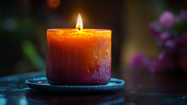 Warm amber candle glows softly in a dimly lit room, surrounded by out of focus flowers
