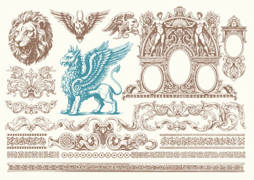 engraving illustration of victorian, rococo, baroque style elements. book cover, social media, t shirt design application