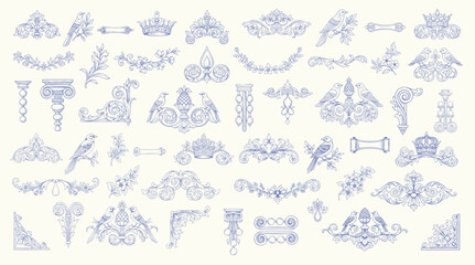 Floral decorative vector elements set, rococo and baroque style, vintage royal details. engraving illustration set