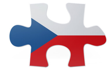 A glossy jigsaw puzzle piece is colored with the flag of the Czech Republic, standing out against a stark black background, symbolizing unity and national identity.