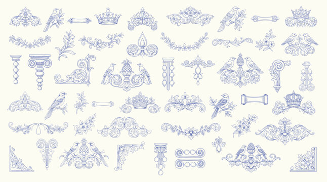 Floral decorative vector elements set, rococo and baroque style, vintage royal details. engraving illustration set