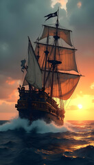 Obraz premium A pirate ship sails under a dramatic sunset with a waving Jolly Roger flag. 