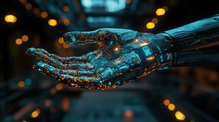 Robotic Hand with Futuristic Glow and Circuit Patterns