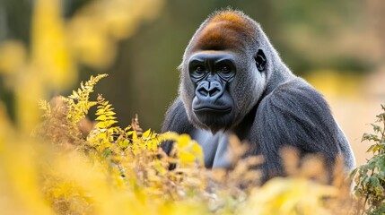 Obraz premium Majestic Gorilla Surrounded by Vibrant Autumn Foliage in Nature