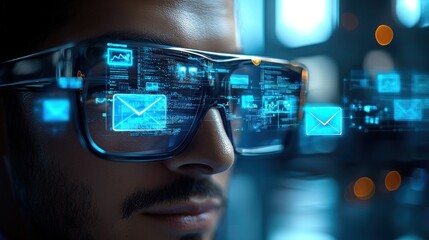 Man with High-Tech Glasses Analyzing Digital Data and Communication