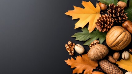 Autumnal Still Life: Golden Leaves, Walnuts, and Pine Cones on Dark Background