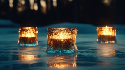 Three Ice Candle Holders Glowing Warmly on a Frozen Surface at Night