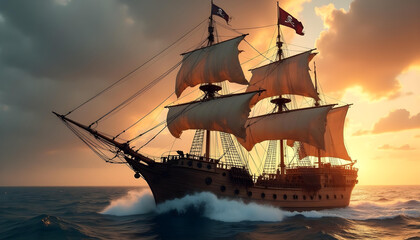 A pirate ship sails under a dramatic sunset with a waving Jolly Roger flag.
