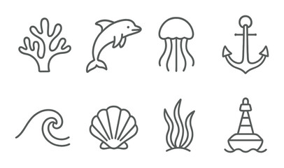 Fototapeta premium Ocean and marine life icons set – outline, sea and aquatic themed graphics
