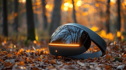 Futuristic Headset with Reflective Lens in Autumn Forest Setting