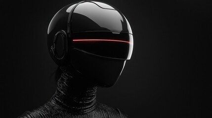 Futuristic Black Robot with Glossy Helmet and Red Accent Light