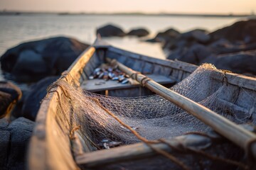 Sunlit wooden fishing boat with net on coastal rocks at sunset: serene maritime scene