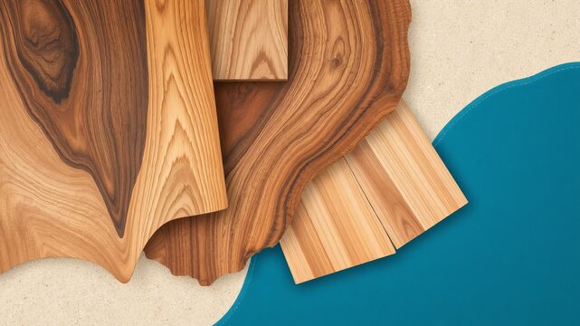 An overhead shot of assorted wood pieces with varying grain patterns on a textured background with blue paint