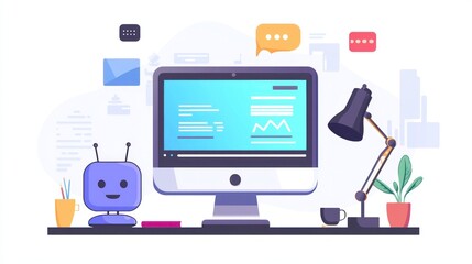 Cute Robot Assistant on a Desk with Computer and Office Elements