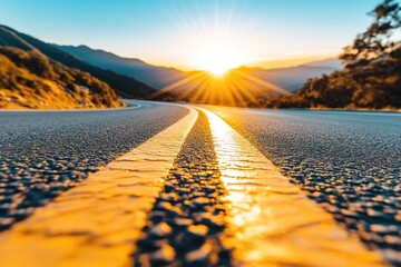 Golden Road to the Horizon: Sunset Highway Perspective with Sunburst and Mountains