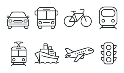 Transport and travel icons set - outline, vehicle and transit symbols