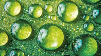 Emerald Dewdrops: Macro Photography of Vibrant Green Water Droplets on a Textured Surface