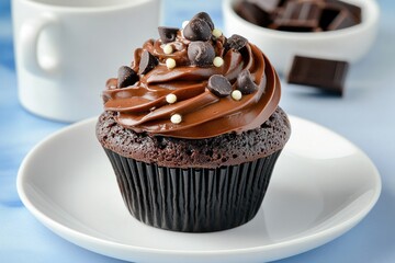 Decadent Chocolate Cupcake with Swirled Frosting and Chocolate Chip Topping on White Plate