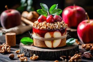 Exquisite Apple Dessert: Caramel Glaze, Berries, Nuts, Rustic Presentation, Delicious Treat.