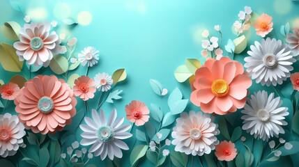 Delicate Paper Flowers in a Teal Garden, A Whimsical Floral Arrangement