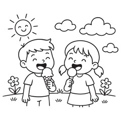 Fototapeta premium Children enjoying ice cream outdoors, ready to be colored.