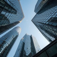 Modern Glass Skyscrapers with Blue Sky Background
