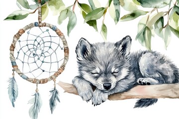Dreamy Wolf Cub Sleeping Under a Dreamcatcher with Leaves