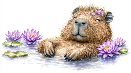 Relaxing Capybara Surrounded by Water Lilies in Tranquil Setting