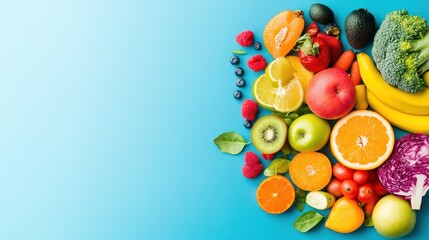 Vibrant Assortment of Fresh Fruits and Vegetables on Light Blue Background, Healthy Eating Concept