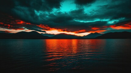 Dramatic Sunset Over Lake: Fiery Sky Reflecting on Calm Waters, Mountains Silhouetted.