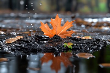 Autumn Leaf's Dance: Water Droplets and Vibrant Orange Reflection