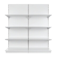 Empty white metal shelving unit with four adjustable shelves for storage organization in retail, warehouse, or home settings with minimal design
