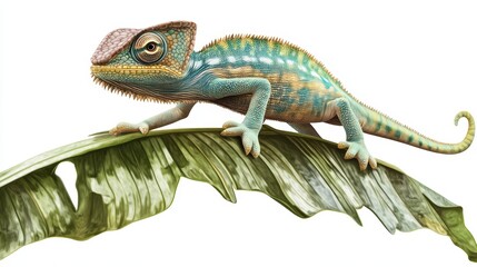 Obraz premium Colorful Chameleon on Leaf Showcasing Nature’s Vibrant Wildlife Beauty