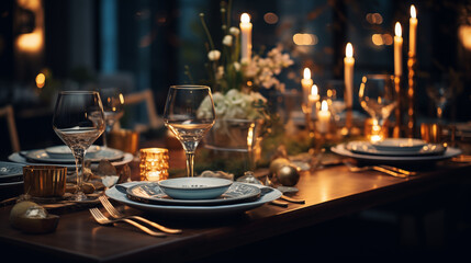 Elegant table setting with wine glasses, candles, and dinner plates,