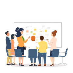 A group of eight staff are brainstorming ideas around a whiteboard. The setting is modern, with clean lines and natural light.